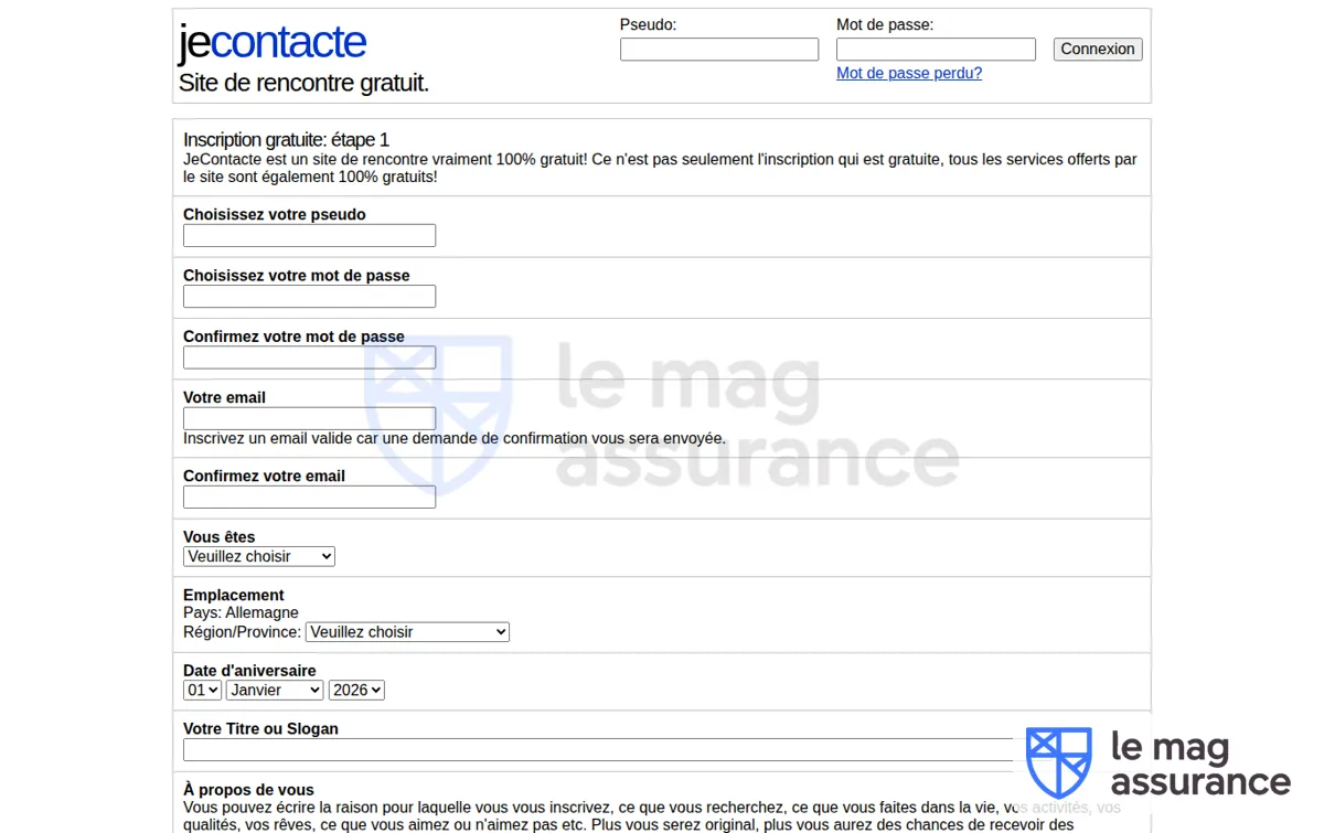 Capture : JeContacte.com - Inscription